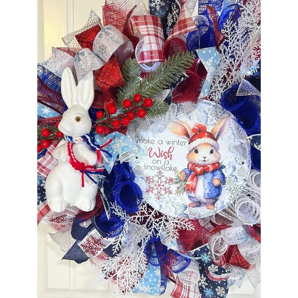 Handmade Winter Snow Bunny Holiday Ribbon Door Wreath 22 ins W72